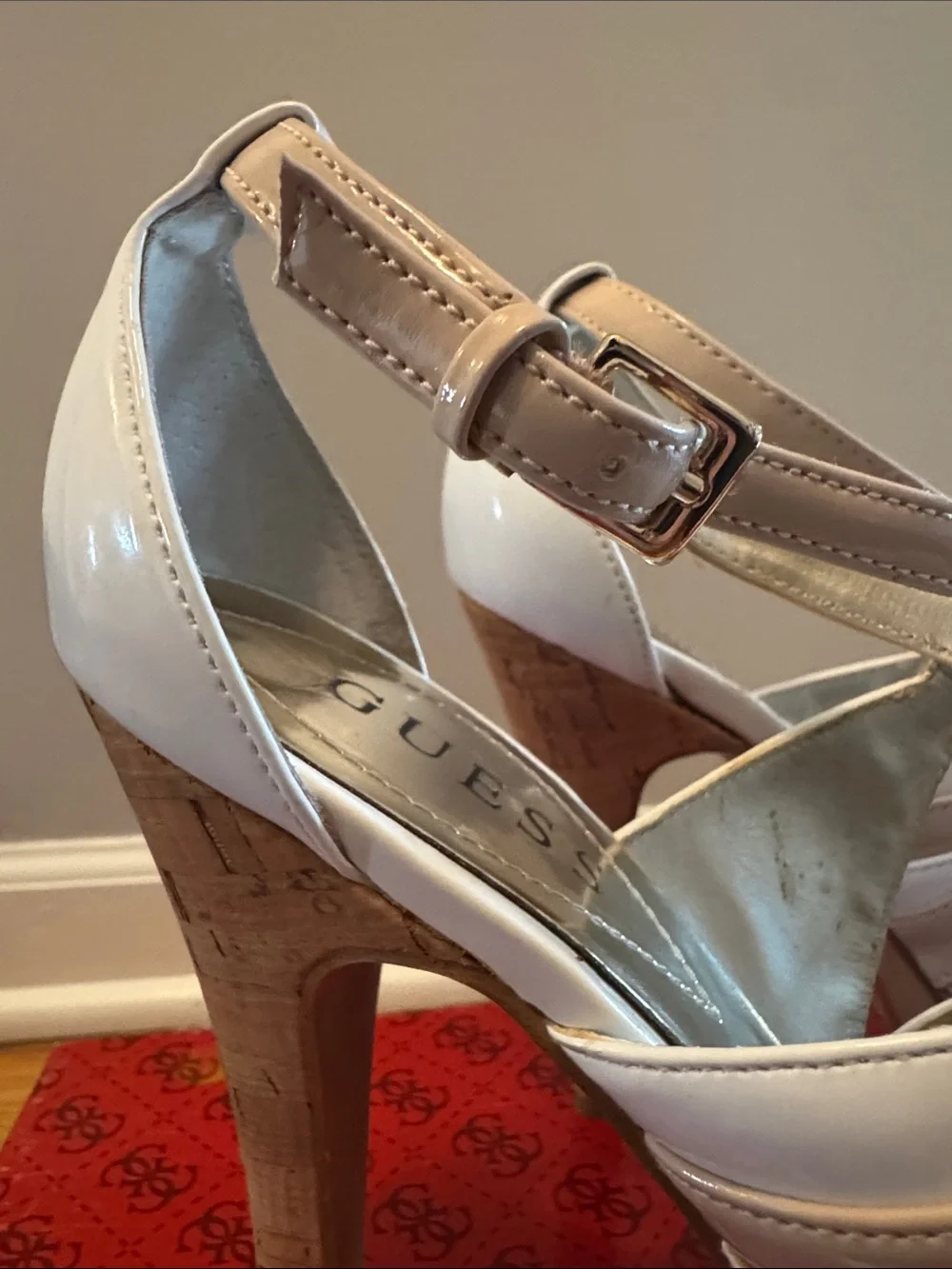 GUESS White and Nude Patent Leather Cross-Strap Platform Stiletto Sandals